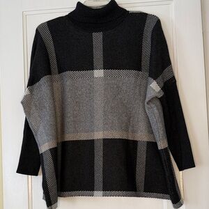 Joseph A Plaid Turtleneck Sweater Size L Black Gray Colorblock Tunic